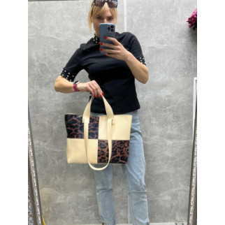 Беж-лео — велика, стильна та елегантна сумка на блискавці зі вставками (0495-4) - Інтернет-магазин спільних покупок ToGether