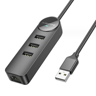 Адаптер Borofone DH6 Erudite 4-in-1 100 Mbps Ethernet Adapter(USB to USB2.0*3+RJ45)(L=1.2M) Black - Інтернет-магазин спільних покупок ToGether