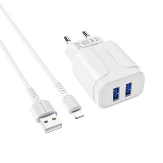 Мережевий зарядний пристрій BOROFONE BA37A Speedy dual port charger(Lightning)  White - Інтернет-магазин спільних покупок ToGether