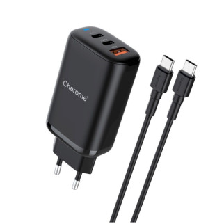 Мережевий зарядний пристрій CHAROME C30 PD65W GaN (2*USB-C+USB-A) Charger Set (Type-C to Type-C) Black - Інтернет-магазин спільних покупок ToGether