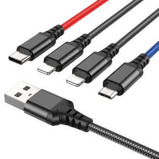 Кабель HOCO X76 USB to iP+iP+Type-C+Micro 2A, 1m, nylon, aluminum connectors Black+Red+Blue - Інтернет-магазин спільних покупок ToGether