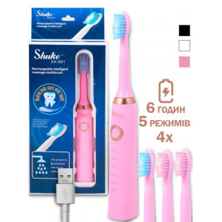 Електрична щітка Shuke SK-601 акумуляторна. Ультразвукова щітка для зубів + 3 насадки. Колір: рожевий - Інтернет-магазин спільних покупок ToGether
