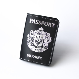 Обкладинка для паспорта "Passport+великий Герб України",чорна з сріблом+біла нитка - Інтернет-магазин спільних покупок ToGether