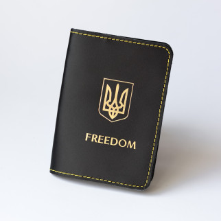 Обкладинка для паспорту "Герб України+Freedom" чорна з позолотою,жовта нитка. - Інтернет-магазин спільних покупок ToGether