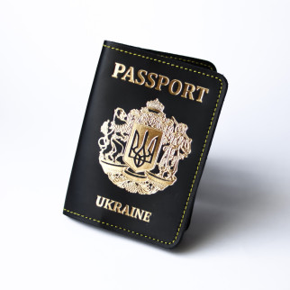 Обкладинка для паспорта "Passport+великий Герб України",чорна з позолотою+жовта нитка - Інтернет-магазин спільних покупок ToGether