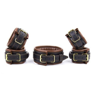 Leather 5 Pieces Restraints Set Hand Neck Foot Handcuffs Brown + Black 18+ - Інтернет-магазин спільних покупок ToGether