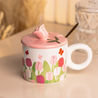 Чашка 300 (мл) керамічна з ложкою та кришкою кружка Ø 9.0 (см) рожева - Інтернет-магазин спільних покупок ToGether