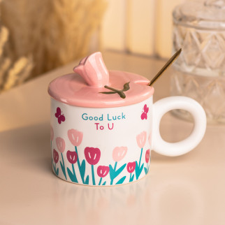 Чашка керамічна 300 (мл) з ложкою та кришкою Ø 9 (см) кружка для чаю рожева - Інтернет-магазин спільних покупок ToGether