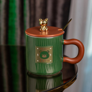 Чашка зелена з кришкою та ложкою 300 (мл) керамічна Ø 8.0 (см) "Ведмедик" - Інтернет-магазин спільних покупок ToGether