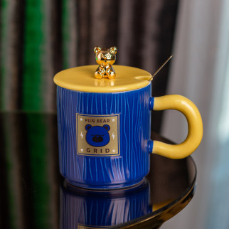 Чашка 300 (мл) з кришкою та ложкою Ø 8.0 (см) керамічна синя "Ведмедик" - Інтернет-магазин спільних покупок ToGether