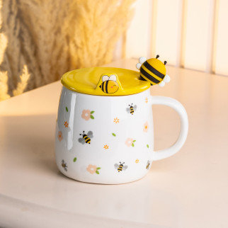 Кружка біла з кришкою та ложкою 450 (мл) чашка Ø 8.0 (см) керамічна "Бджілка" - Інтернет-магазин спільних покупок ToGether
