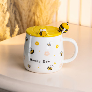 Чашка біла з жовтою кришкою та ложкою 450 (мл) керамічна Ø 8.0 (см) "Бджілка" - Інтернет-магазин спільних покупок ToGether