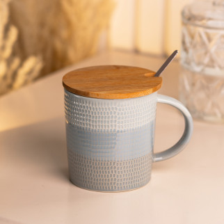 Чашка з бамбуковою кришкою та ложкою 350 (мл) кружка керамічна Ø 8.5 (см) сіра - Інтернет-магазин спільних покупок ToGether