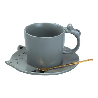 Чашка сіра 250 (мл) з блюдцем та ложкою Ø 8.5 (см) керамічна "Кошеня" - Інтернет-магазин спільних покупок ToGether
