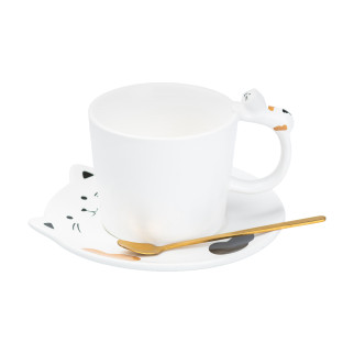 Біла чашка із блюдцем 250 (мл) з ложкою Ø 8.5 (см) керамічна "Котик" - Інтернет-магазин спільних покупок ToGether