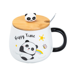 Чашка 450 (мл) з бамбуковою кришкою та ложкою Ø 8.5 (см) керамічна Панда "Happy Time" - Інтернет-магазин спільних покупок ToGether