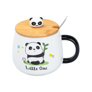 Кухоль 450 (мл) з бамбуковою кришкою та ложкою Ø 8.5 (см) керамічна біла чашка з пандою "Little One" - Інтернет-магазин спільних покупок ToGether