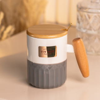Чашка 400 (мл) з бамбуковою кришкою та ложкою керамічна Ø 8.0 (см) сіра кружка - Інтернет-магазин спільних покупок ToGether