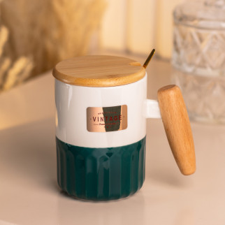 Чашка з бамбуковою кришкою та ручкою 400 (мл) керамічний кухоль з ложкою Ø 8.0 (см) зелена - Інтернет-магазин спільних покупок ToGether