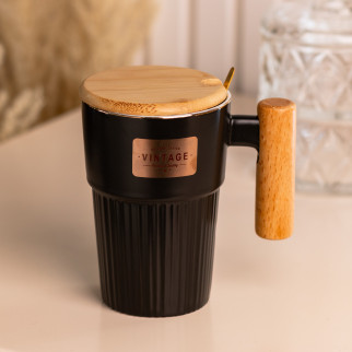 Чашка 400 (мл) з ложкою та бамбуковою кришкою керамічна Ø 8.0 (см) чорна - Інтернет-магазин спільних покупок ToGether