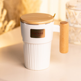 Чашка біла з бамбуковою кришкою та ручкою 400 (мл) керамічний кухоль з ложкою Ø 8.0 (см) - Інтернет-магазин спільних покупок ToGether