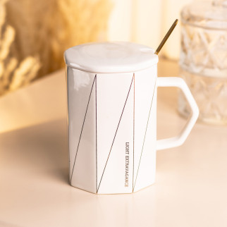 Чашка біла 400 (мл) з кришкою та ложкою Ø 8.0 (см) керамічна - Інтернет-магазин спільних покупок ToGether