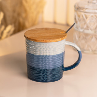 Чашка з бамбуковою кришкою та ложкою 350 (мл) кружка керамічна Ø 8.5 (см) синя - Інтернет-магазин спільних покупок ToGether