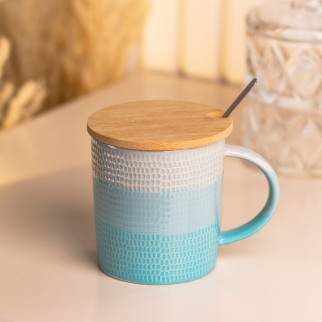 Чашка з бамбуковою кришкою та ложкою 350 (мл) кружка керамічна Ø 8.5 (см) блакитна - Інтернет-магазин спільних покупок ToGether