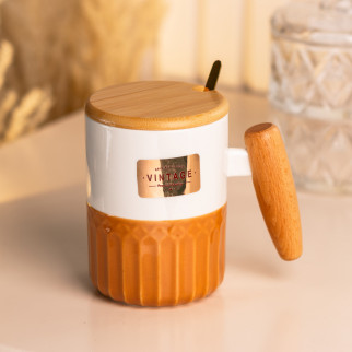 Чашка 400 (мл) з бамбуковою кришкою та ложкою керамічна Ø 8.0 (см) Коричнева - Інтернет-магазин спільних покупок ToGether
