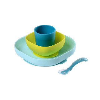 Набір: тарілка, миска, стакан, ложка Beaba 4+ синій/неон, арт. 913428 - Інтернет-магазин спільних покупок ToGether