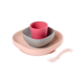 Набір: тарілка, миска, стакан, ложка Beaba 4+ рожевий/сірий, арт. 913429 - Інтернет-магазин спільних покупок ToGether