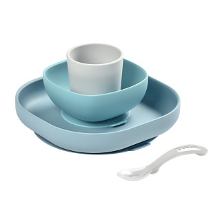Набір: тарілка, миска, стакан, ложка Beaba 4+ блакитний/сірий, арт. 913472 - Інтернет-магазин спільних покупок ToGether