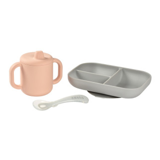 Набір: тарілка, поїльник, ложка Beaba 8+ рожевий/сірий, арт. 913527 - Інтернет-магазин спільних покупок ToGether