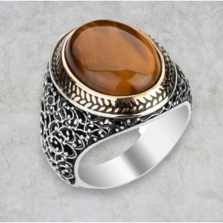 Каблучка чоловіча печатка перстень з каменем Тигрове Око в античному стилі та візерунку сріблясте розмір 20 - Інтернет-магазин спільних покупок ToGether