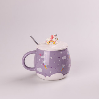 Чашка керамічна Rainbow Ceramic Mug 400ml Pink з кришкою і ложкою кухоль для чаю з кришкою Бузковий - Інтернет-магазин спільних покупок ToGether