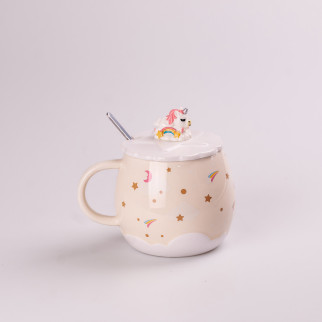 Чашка керамічна Rainbow Ceramic Mug 400ml Pink з кришкою і ложкою кухоль для чаю з кришкою Бежевий - Інтернет-магазин спільних покупок ToGether