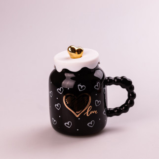 Кухоль керамічний Creative Show Ceramic Cup 400мл з кришкою чашка з кришкою Чорна з білими сердечками - Інтернет-магазин спільних покупок ToGether