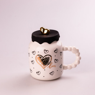 Кухоль керамічний Creative Show Ceramic Cup 400мл з кришкою чашка з кришкою Біла з чорними сердечками - Інтернет-магазин спільних покупок ToGether