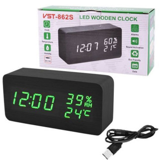 Електронний настільний годинник VST-862S-4 чорний з зеленим підсвічуванням, з датчиками температури та вологості - Інтернет-магазин спільних покупок ToGether