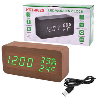 Електронні настільні годинники VST-862S-4 коричневі з зеленим підсвічуванням, з датчиками температури та вологості - Інтернет-магазин спільних покупок ToGether