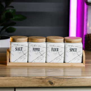 Набір банок для спецій 4 штуки по 300 (мл) на дерев'яній підставці ємності для солі перцю та цукру подарунковий - Інтернет-магазин спільних покупок ToGether