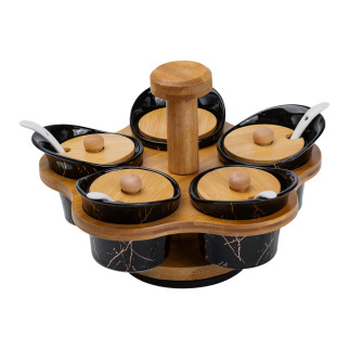Набір ємності для соусу та спецій з кришками 5 штук баночки по 120 (мл) керамічні на дерев'яній підставці - Інтернет-магазин спільних покупок ToGether