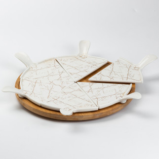Тарілка для піци керамічна секційна Ø 28 (см) на бамбуковій підставці, що обертається, біла - Інтернет-магазин спільних покупок ToGether