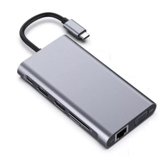 Перехідник Lucom USB Type-C-HDMI M/F +VGA +PD87W 4xUSB +RJ45+Cardread Срібний (62.09.8375) - Інтернет-магазин спільних покупок ToGether