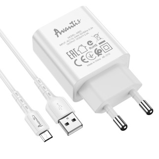 Мережевий зарядний пристрій Avantis A820 (1USB/2.4A) + USB кабель Micro- білий - Інтернет-магазин спільних покупок ToGether