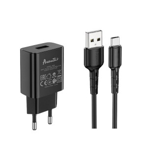 Мережевий зарядний пристрій Avantis A820 (1USB/2.4A) + USB кабель Type-C- чорний - Інтернет-магазин спільних покупок ToGether