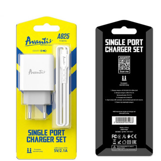 Мережевий зарядний пристрій Avantis A825 (1USB/2.1A) + USB кабель Lightning- білий - Інтернет-магазин спільних покупок ToGether