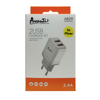 Мережевий зарядний пристрій Avantis A829 (2USB/2.4A) + USB кабель Lightning- білий - Інтернет-магазин спільних покупок ToGether
