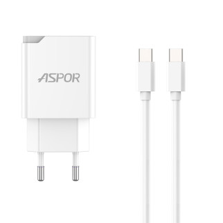 Мережевий зарядний пристрій Aspor A826 PD (20W/USB/Type-C) + кабель Type-C – Type-C- білий - Інтернет-магазин спільних покупок ToGether