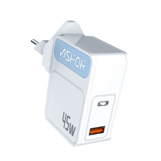 Мережевий зарядний пристрій Aspor A839 45W PD QC (UCB C+A)- білий - Інтернет-магазин спільних покупок ToGether